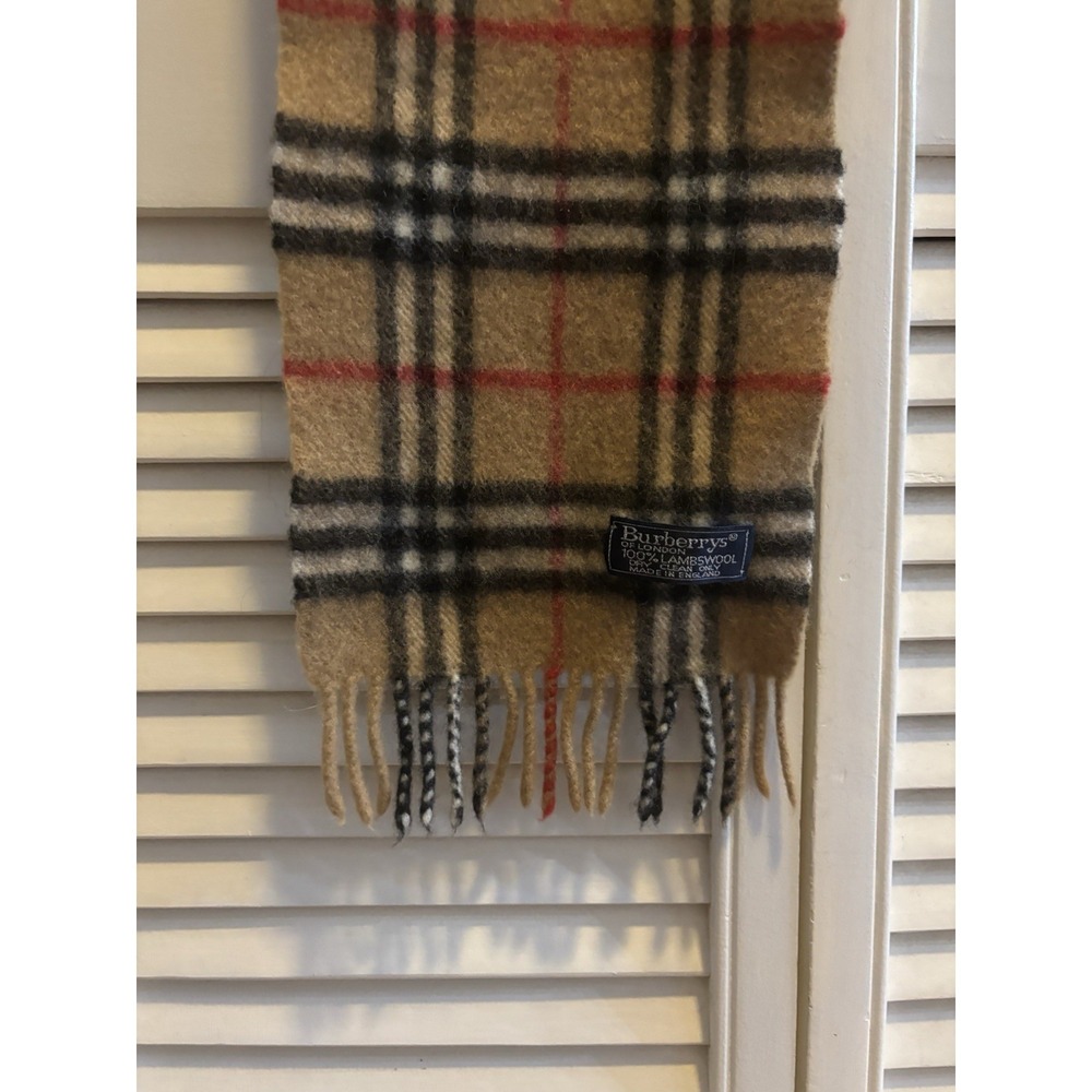 Burberry Lambswool Beige Plaid Fringe Rectangle Scarf Made in England - Picture 9 of 11